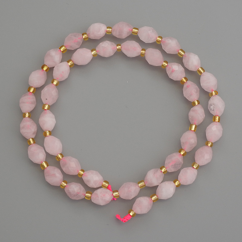 Beads of natural stone Pink quartz, faceted grain beads, diameter 8x6mm ±, with 3mm seed beads ±, length 38cm ±