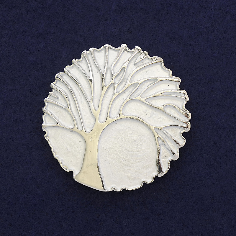 Brooch Tree, matte silver color, silvery metal, diameter 40 mm ±, magnetic fastening