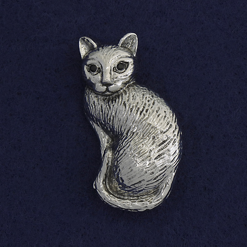 Cat brooch-pendant with black crystals, glossy silver metal, 45x23 mm+