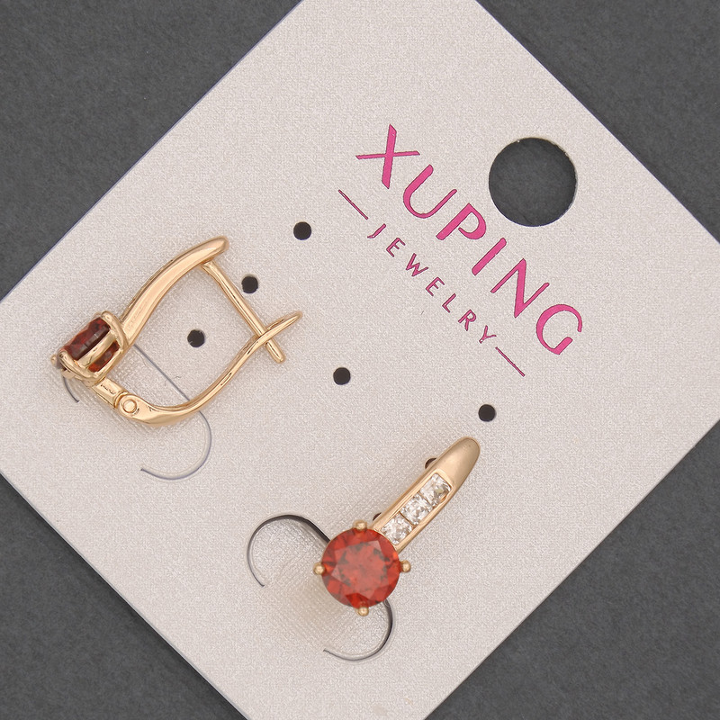 Xuping Earrings with White Crystals and Red Stones, Diameter 6mm, Length 16mm, 18K Gold Plating