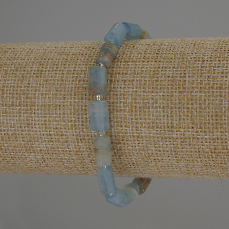 Blue Calcite Bracelet with Cylindrical Beads, 10x6 mm, Seed Beads 3 mm, Stretch Length 18 cm