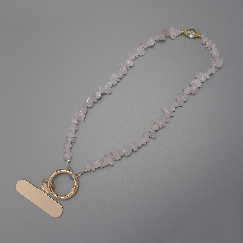 Phone holder chain keychain Pink quartz chip 4-9×2-5 mm, ring diameter 24 mm, length 24 cm