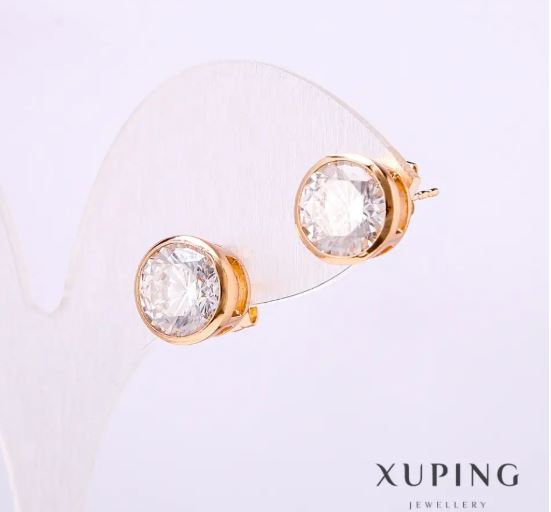 Xuping Stud Earrings with White Stones, 10 mm Diameter, 18K Gold Plating