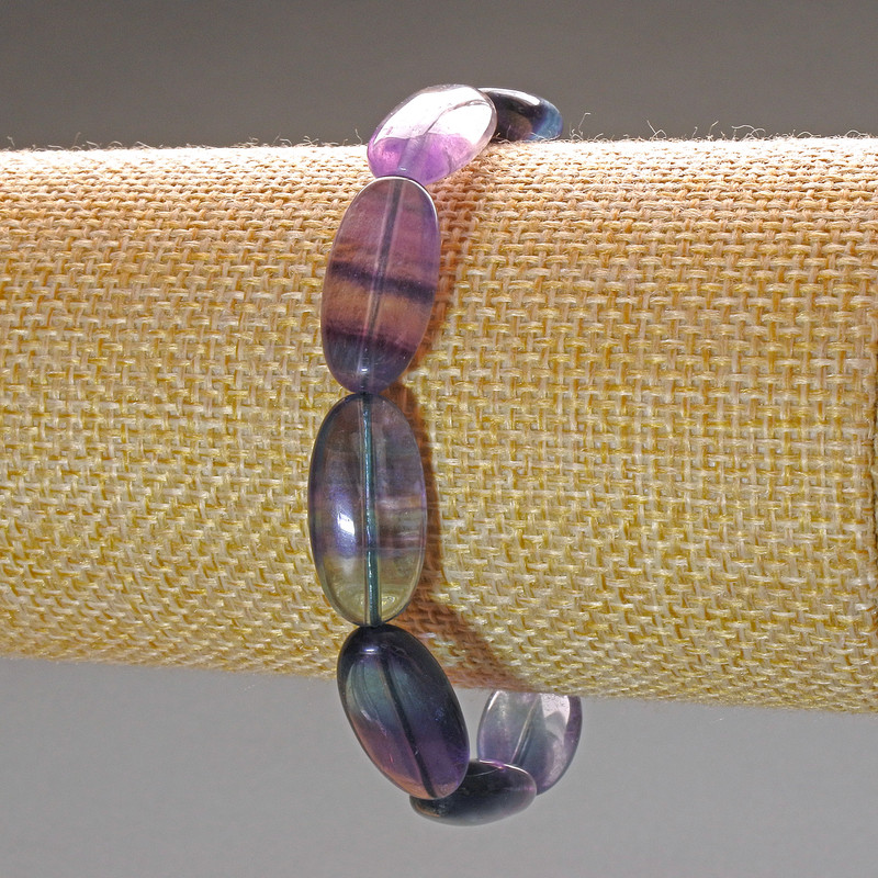 Oval Fluorite Bracelet, Natural Stone, 10x20 mm Oval Beads, 18 cm (Stretch)