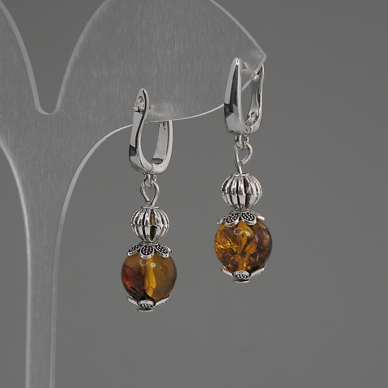 Amber ball earrings, diameter 10 mm +-, length 35 mm+-