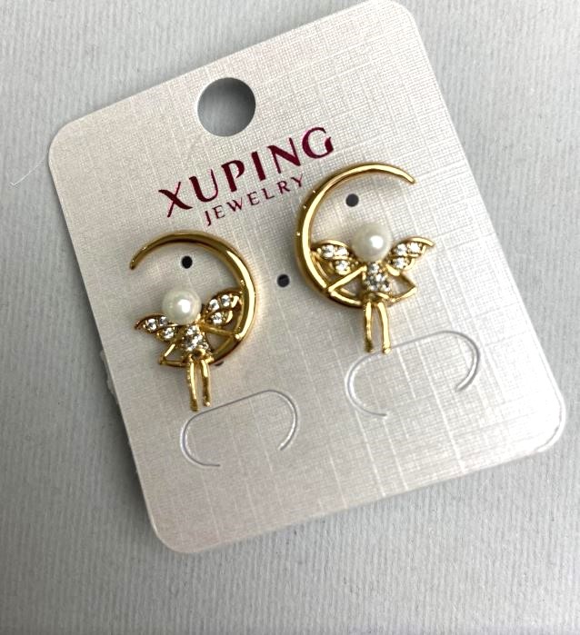 Xuping Earrings with White Crystals and Pearl, Diameter 4mm ±, Length 14×20mm ±, 18K Gold Plating