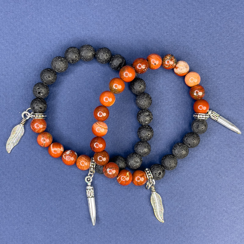 Set of Lava Bead Bracelets, 8 mm diameter beads; Red Jasper bead, 8 mm diameter; length 18 cm ±, stretch