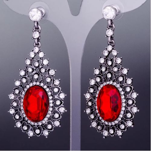 Earrings with crystals "Lace Drop" in red with a silver finish, diameter 30 mm, total length 60 mm