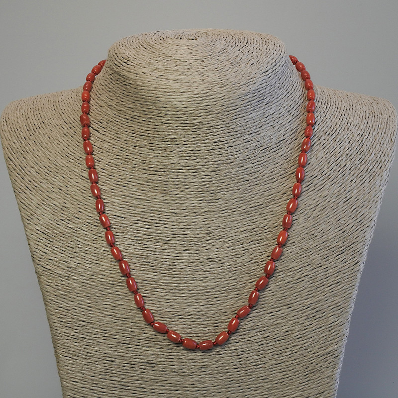 Artificial Coral Barrel-Bead Necklace, 6x4 mm, approx. 50 cm long, with clasp