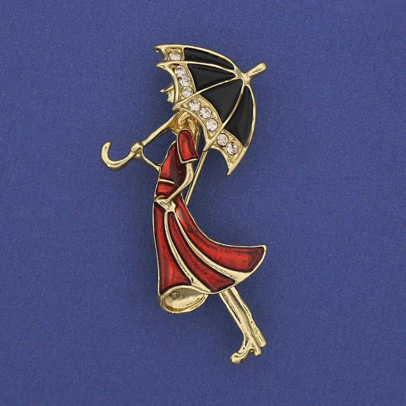 Brooch pendant 'Girl with an Umbrella' white crystals gold-tone metal 48x24mm+