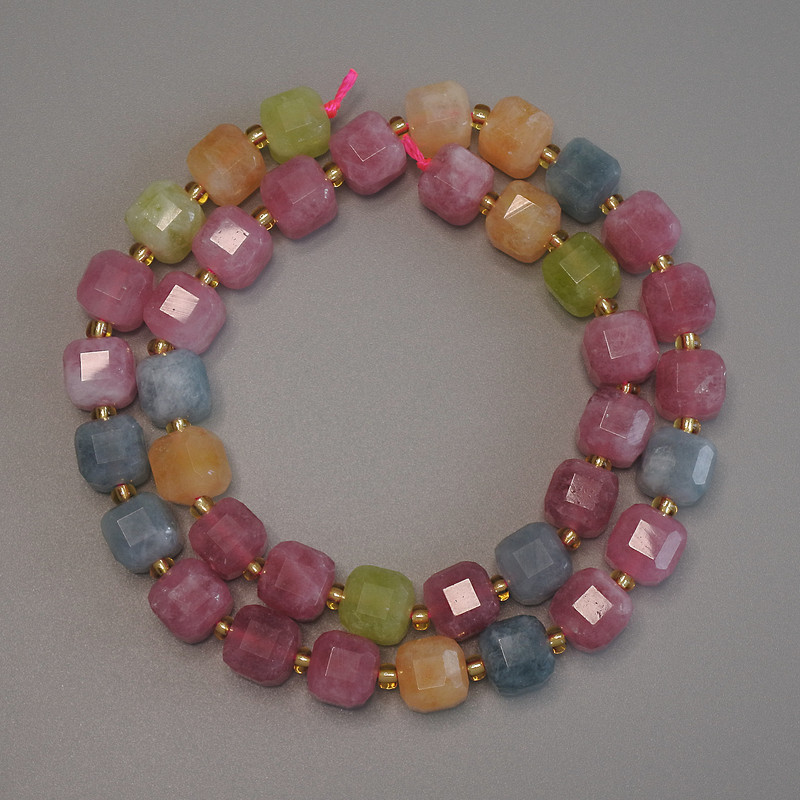 Tourmaline Beads Faceted Cube 7x7mm +/- with 3mm Seed Beads +/- on Thread, Length 38 cm+