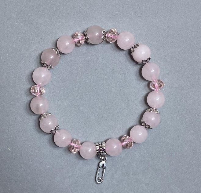 Bracelet Pink Quartz, Smooth Bead, 10 mm Diameter ± and Czech Glass Rondelles 8×6 mm ±, Length 18 cm ± Stretch