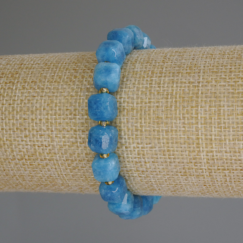 Apatite Faceted Cube Bracelet, 8.5 x 8.5 mm diameter, with 3 mm beads, length 18 cm (stretch)