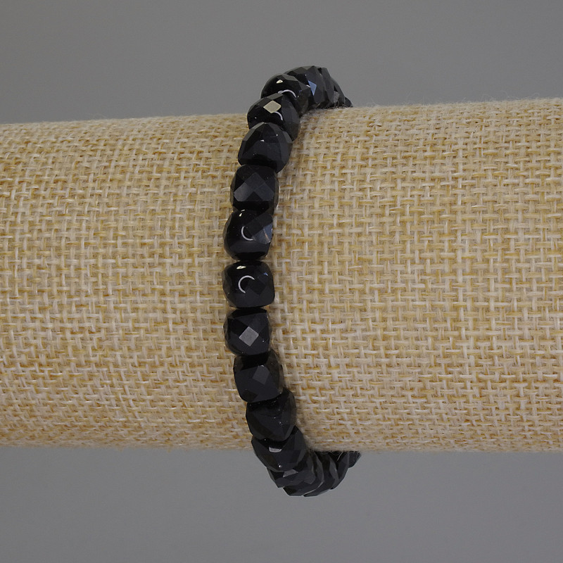 Bracelet with Black Tourmaline, Faceted Cube, 6.5 mm Diameter, 18 cm Length, Stretch