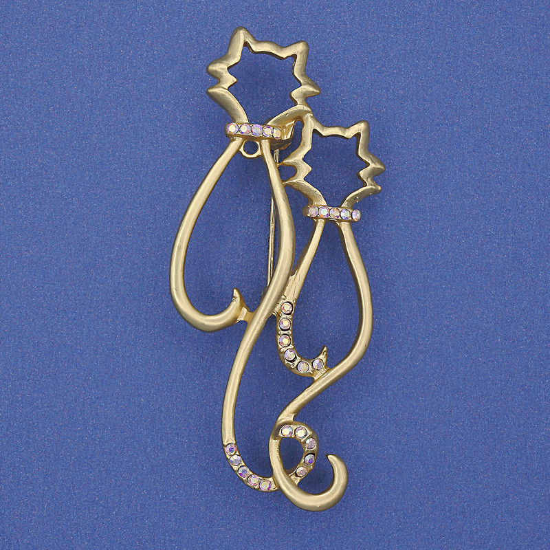 Rainbow Cats Brooch with Rhinestones, Golden Metal 58x26mm+