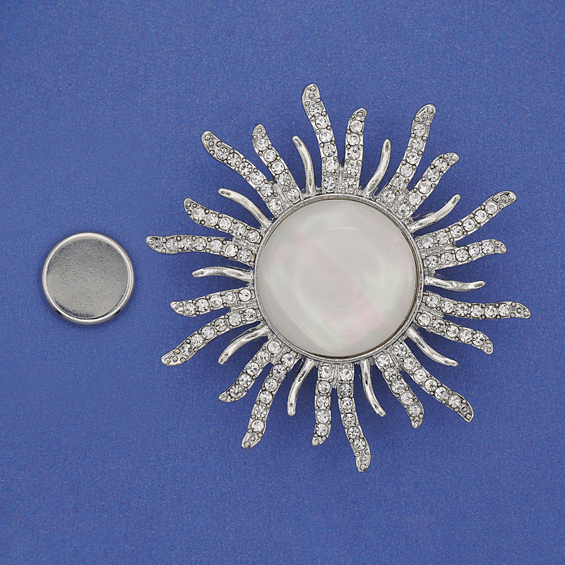 Magnetic Brooch Mother-of-Pearl Sun with White Crystals Silver-Tone Metal 47mm+