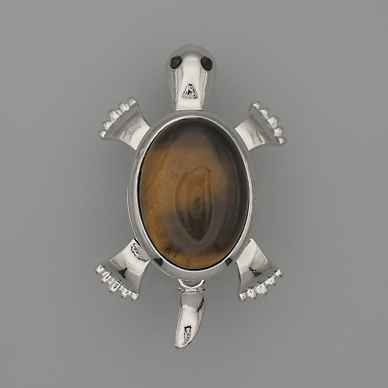 Brooch pendant «Turtle» with Tiger's Eye 52x35mm +/- movable parts, silver-tone metal