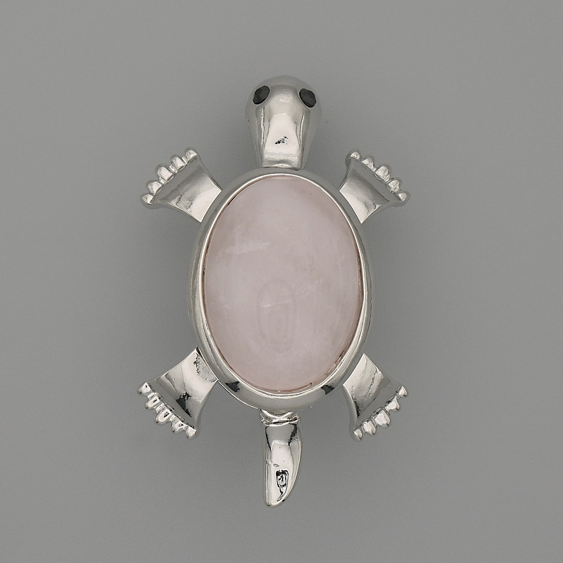 Turtle Brooch-Pendant with Pink Quartz, 52×35 mm ± movable parts, silver-toned metal