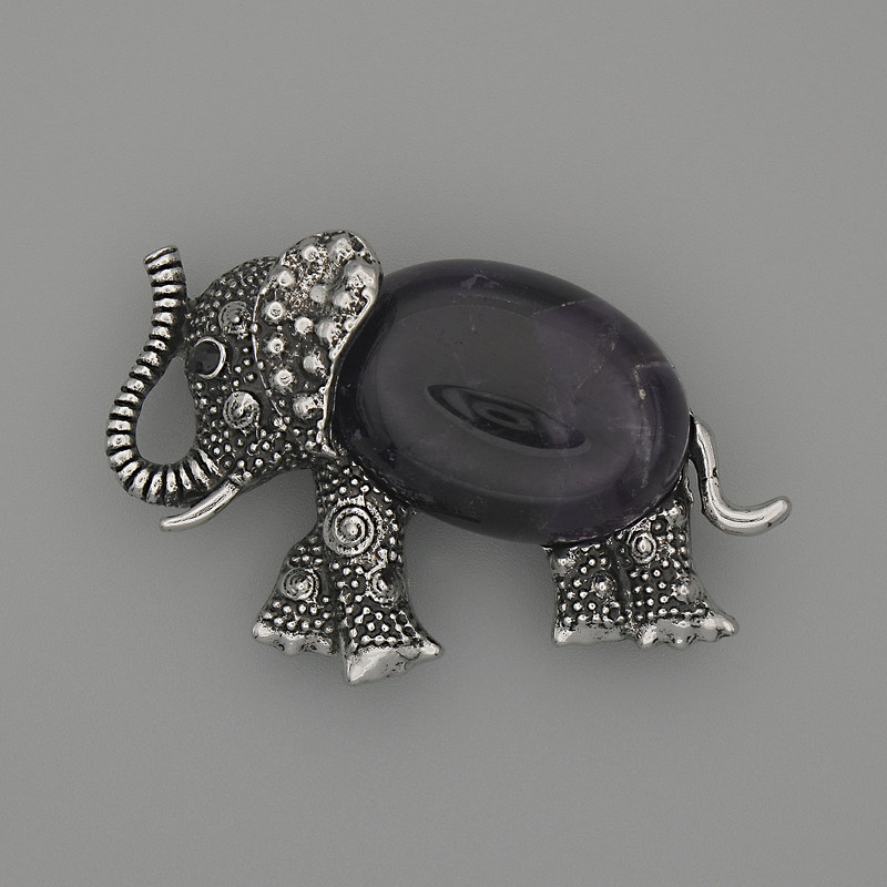 Elephant Amethyst Brooch-Pendant 45x27 mm ± black facets, silvery metal