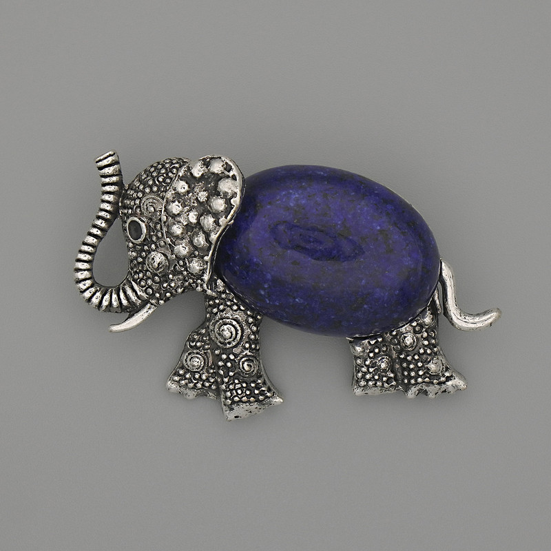 Brooch-Pendant Elephant with Lapis Lazuli 45×27 mm ± black srazi, silvery metal