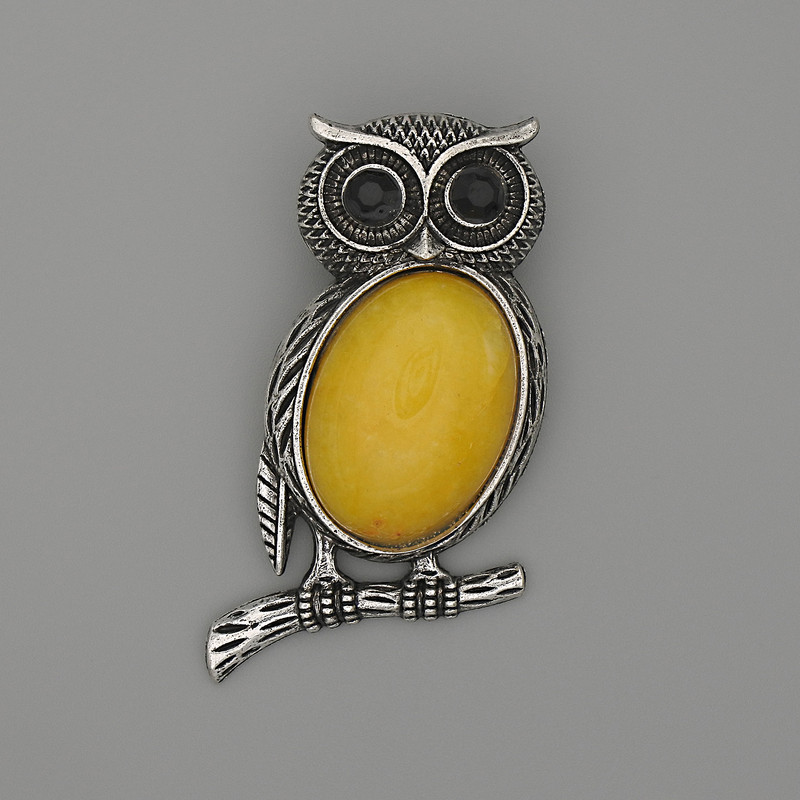 Owl brooch-pendant with artificial amber, 45×25 mm (±), black rhinestones, silver-tone metal