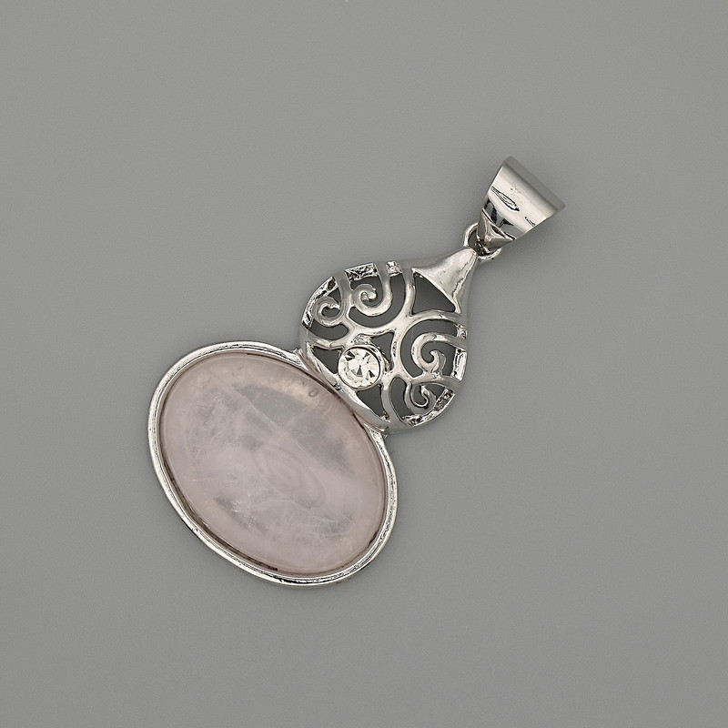 Rose Quartz Cabochon Pendant 50x28mm – Silver-Tone Metal