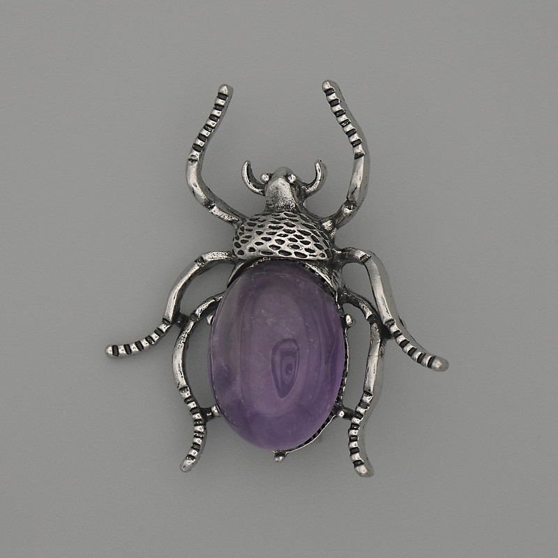 Beetle Amethyst Brooch-Pendant, 44×37 mm, silver-toned metal