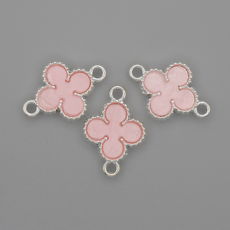 Clover Connector pink color, silver metal 20x14mm +/- pack of 3 pcs