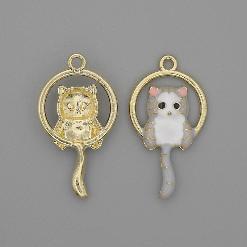 Cat Pendant with White and Gray Enamel on Gold-Tone Metal, Diameter 15x27 mm, Pack of 2