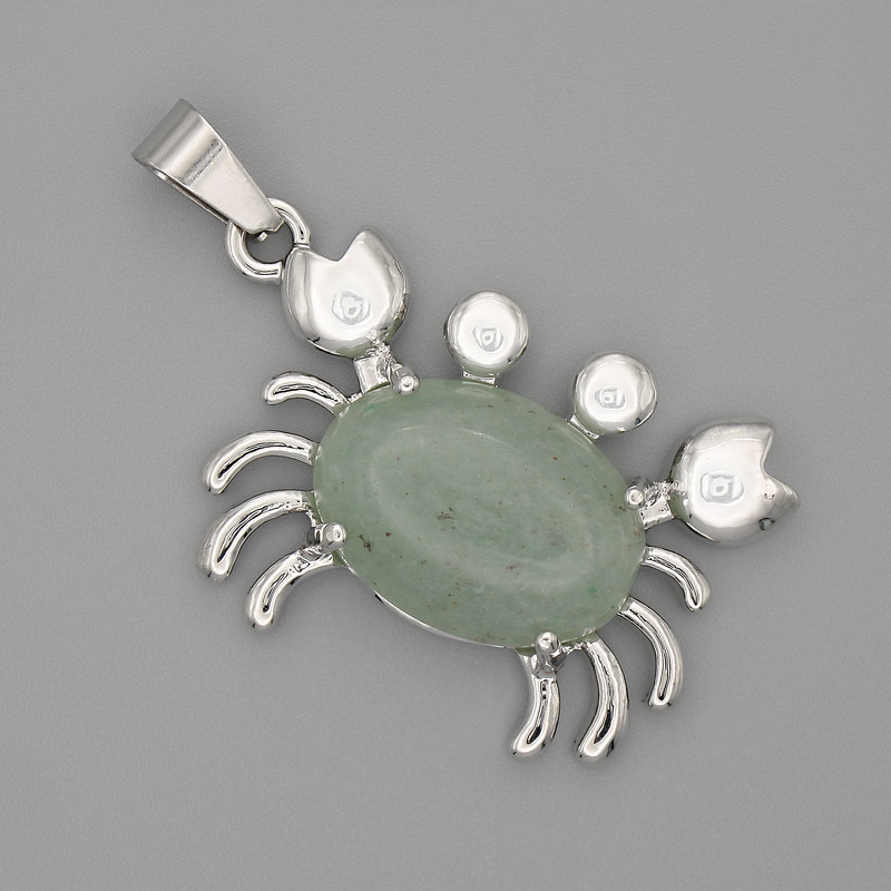 Crab Pendant with Nephrite 40x22mm - Silver-Tone Metal