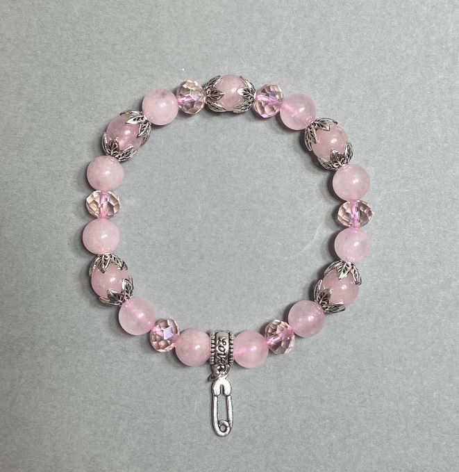 Bracelet with Rose Quartz Beads, 8 mm Diameter, Czech Crystal Rondelles 8x6 mm, with Metal Inserts, Length 18 cm, Stretch