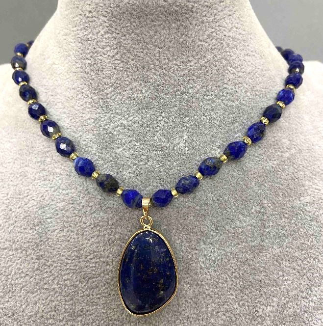 Choker with Lapis Lazuli - Faceted Beads 8x6mm +-, 3mm Beads +-, Length 41cm +-, Extender Chain +5cm, Pendant Lapis Lazuli 35x20mm+