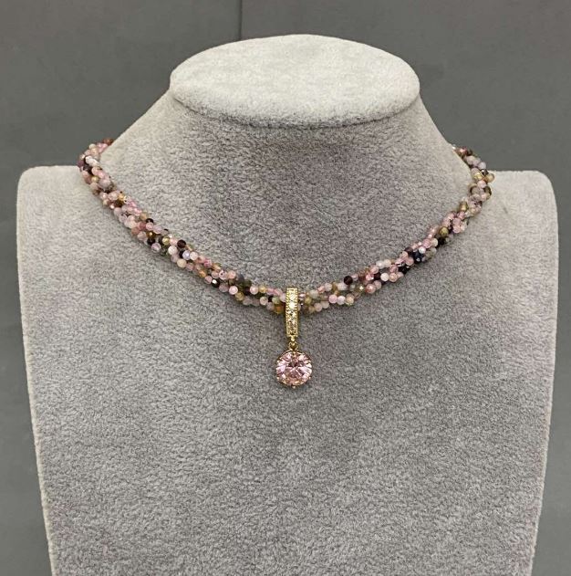 Tourmaline Bead Choker Cord with Faceted Bead 2mm, Width 6.5mm, Length 35mm, Extender Chain 5cm, Pink Crystal Pendant