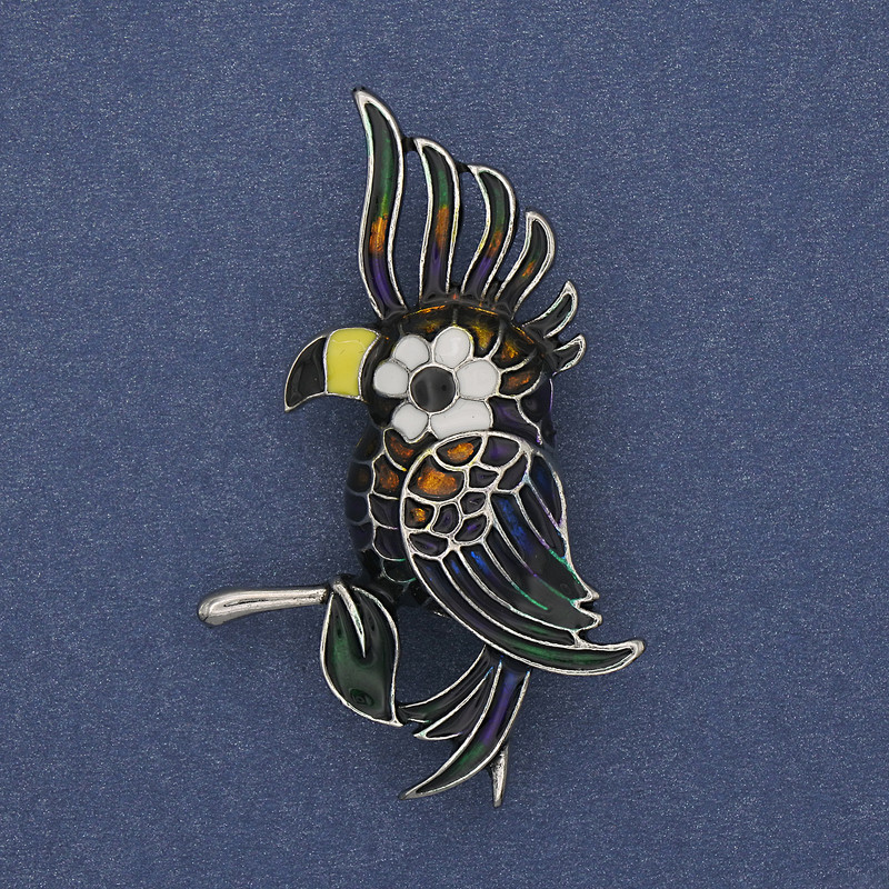 Parrot Brooch with Colored Enamel and Silver-tone Metal 51×31 mm+