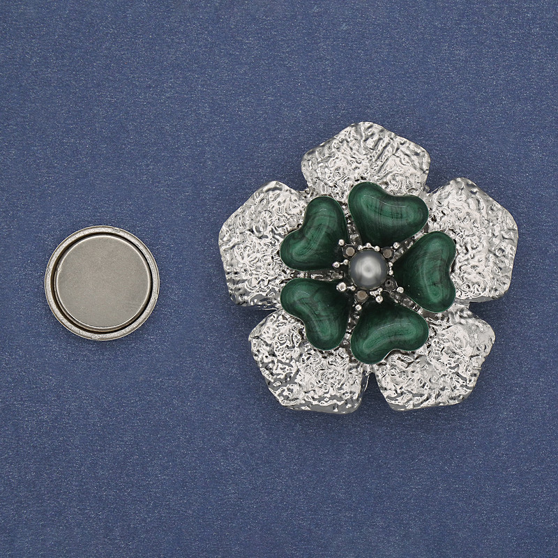 Magnetic Brooch Green Flower Enamel Pearl Silver Metal 38mm+