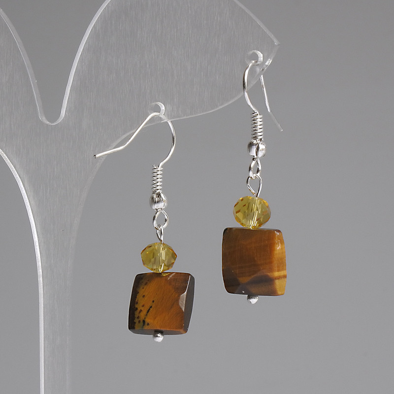 Earrings with Tiger's Eye, Faceted Square 10x10 mm ±, Czech Glass Rondelle 6x5 mm ±, Length 37 mm ±
