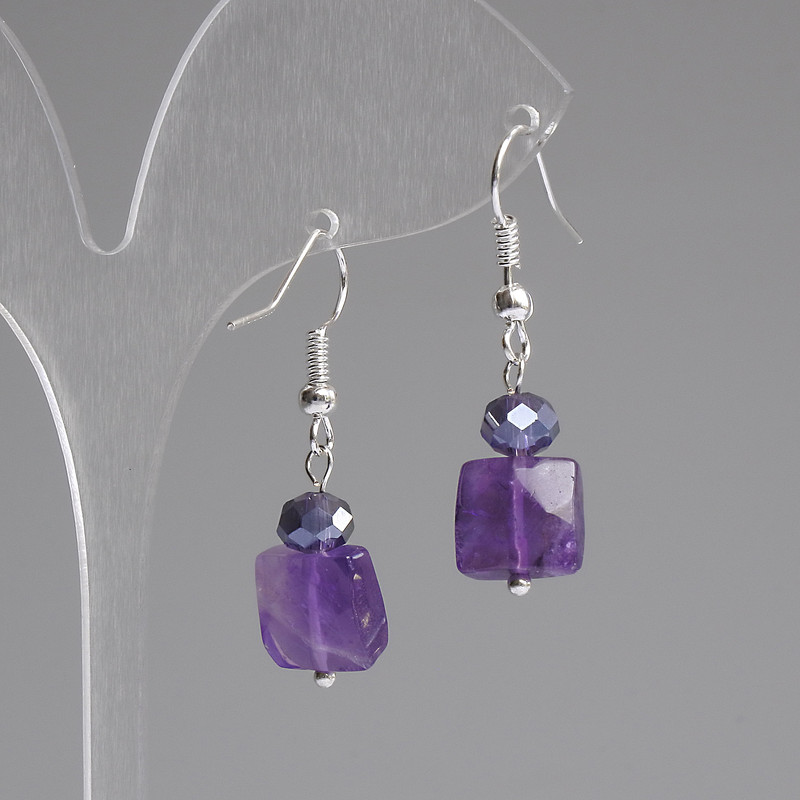 Amethyst Faceted Square Earrings 10x10mm+- Czech Glass Rondelle 6x5mm+-, length 37mm +