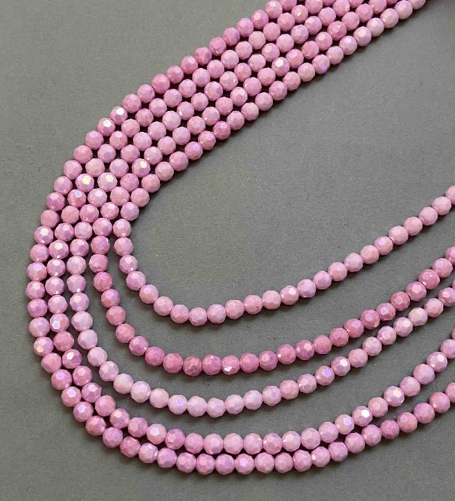 Pink Czech Crystal Beads with Gasoline Finish on Thread, Faceted Round Beads, Diameter 6mm +, Length 38cm +