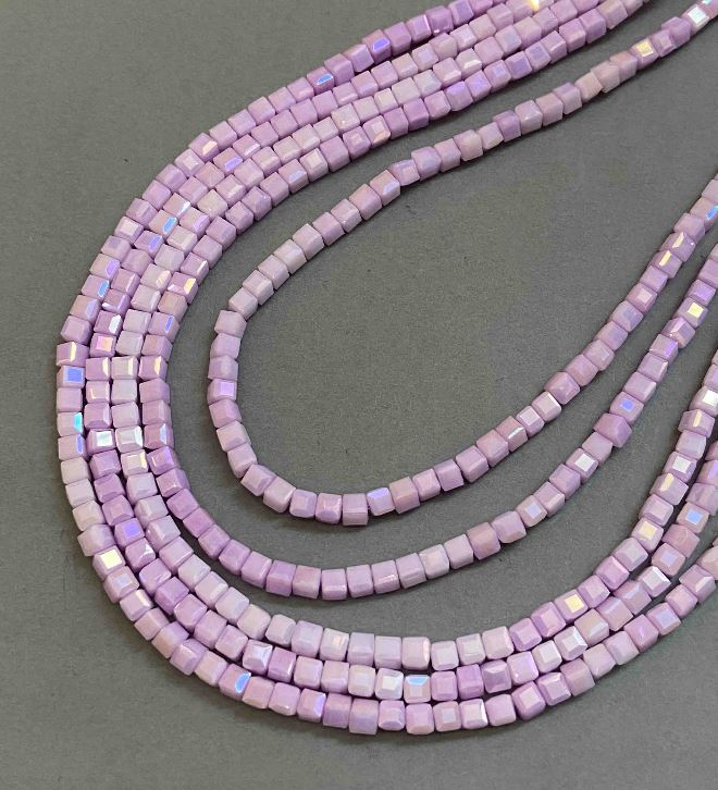 Lilac Czech Crystal Beads with Gasoline Coating on Thread, Faceted Cubes, 4×4 mm Diameter, Length 38 cm +