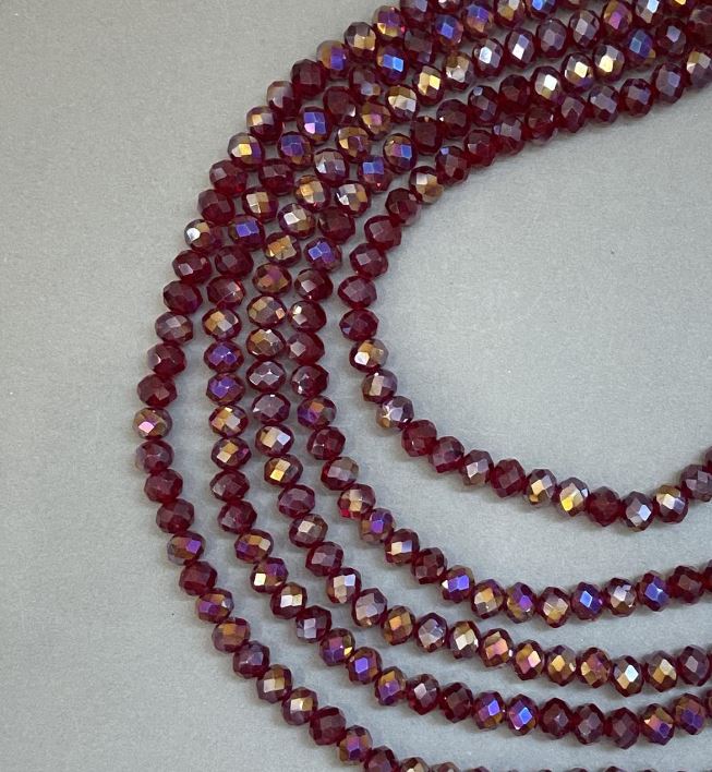 Beads Czech Crystal on fishing line red transparent with gasoline finish, faceted rondelle, diameter 8x6 mm, length 40 cm