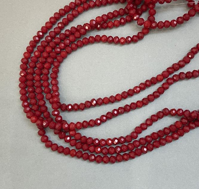 Red Matte Faceted Rondelle Czech Crystal Beads on Thread, diameter 6x5 mm + -, length 40 cm +