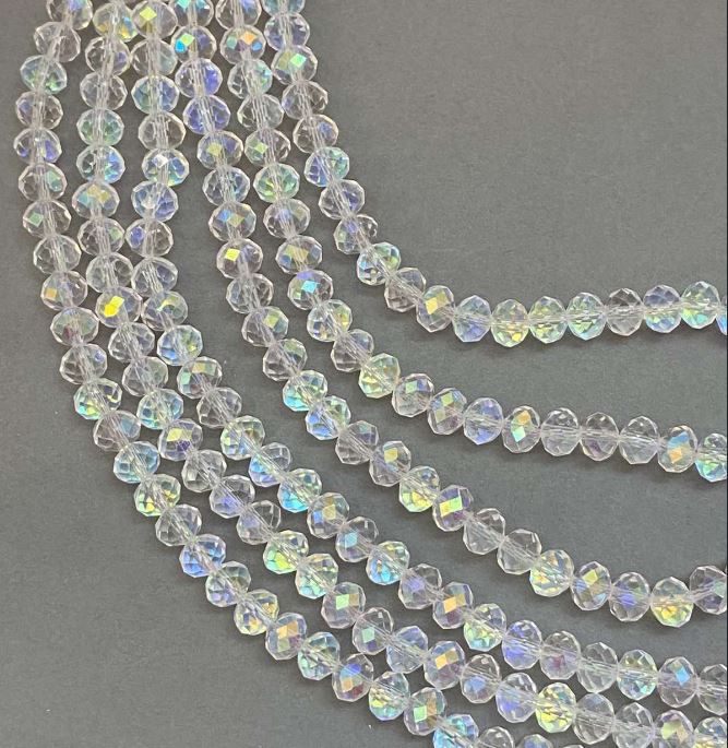 Beads White Czech Crystal on thread, white transparent with benzine coating, faceted rondelle, diameter 8x6 mm, length 39 cm +