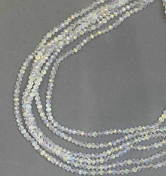 Czech Crystal Beads on Fishing Line, White Transparent with Gasoline Spray Finish, Faceted Rondelle, Diameter 3.5x3 mm +/-, Length 33 cm +/-