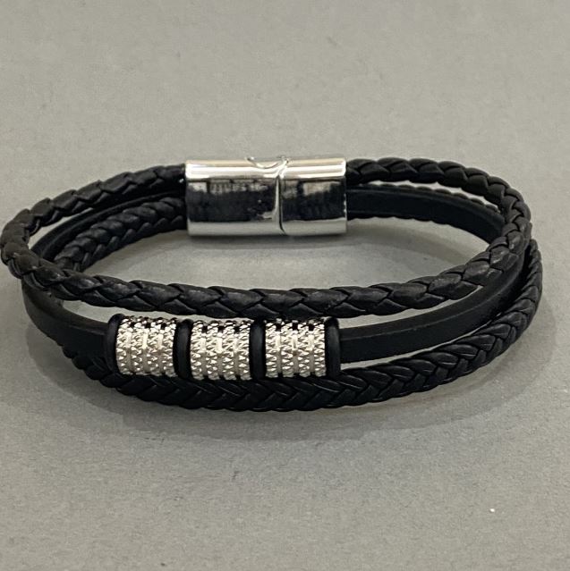 Men's eco-leather bracelet in black with metal inlays, thickness 12 mm, length 22 cm, silver-toned metal on the clasp