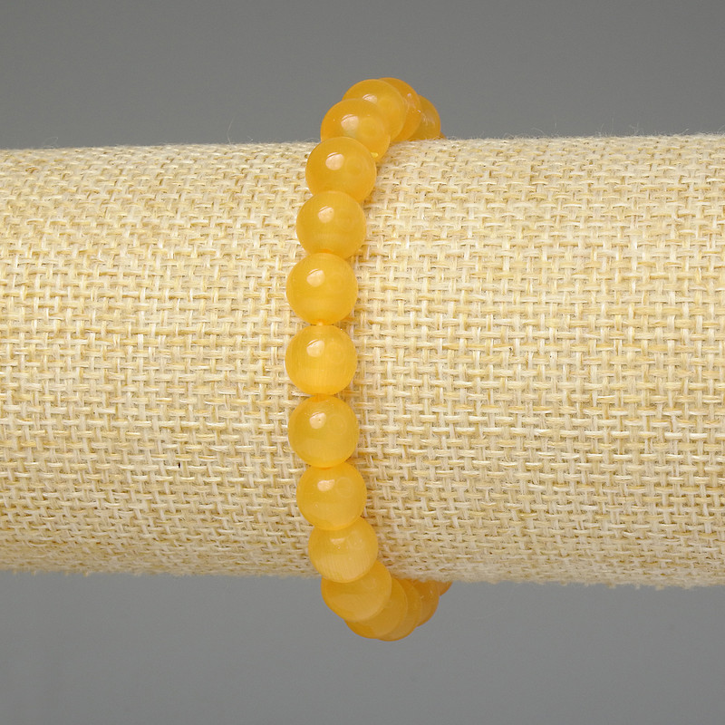 Yellow Cat's Eye Bracelet with Smooth 8mm Beads, 18 cm Stretch