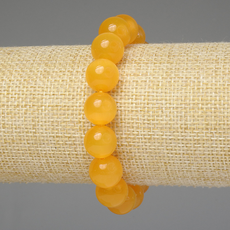 Yellow Cat's Eye Bracelet with Smooth 12 mm Beads, 18 cm Stretch