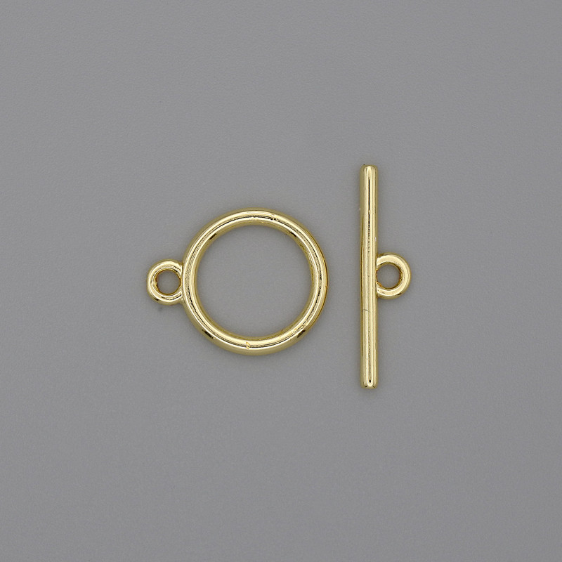 Toggle clasp hardware, gold-tone metal, ring diameter about 12 mm, bar diameter about 18 mm, hole diameter about 10 mm