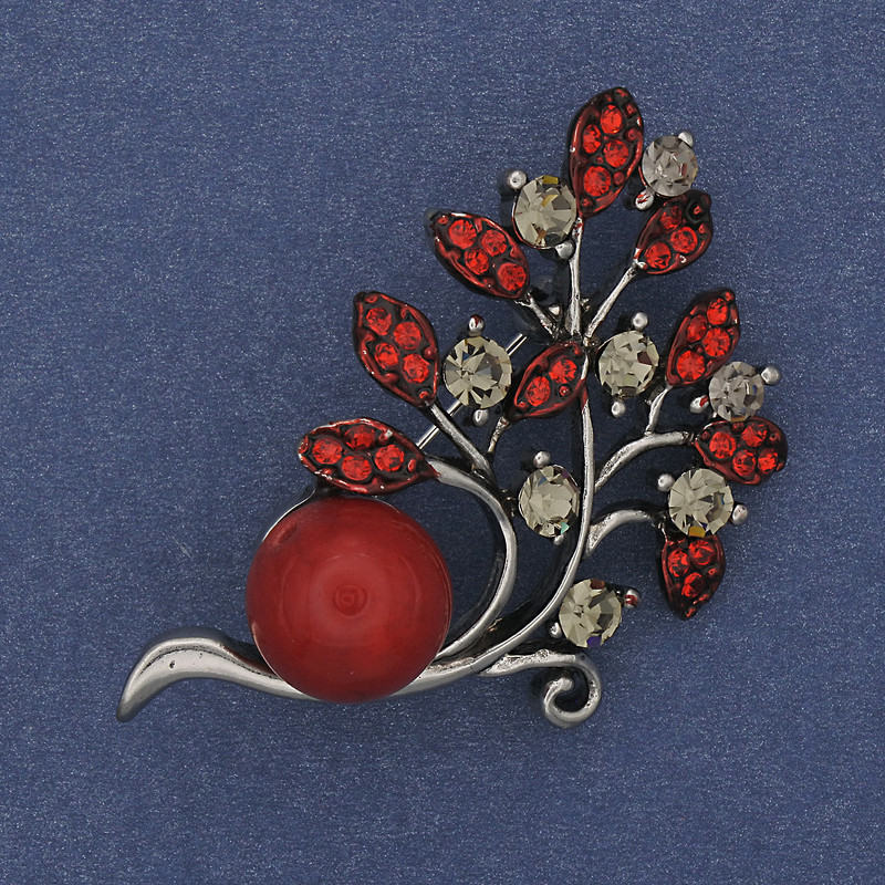 Brooch 'Twig' Bead Coral Rhinestones Silver-Toned Metal 48x28mm