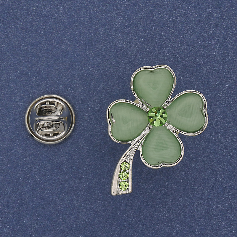 Shamrock Brooch with Green Cat's Eye, Crystals, Silver Metal 19×30mm+