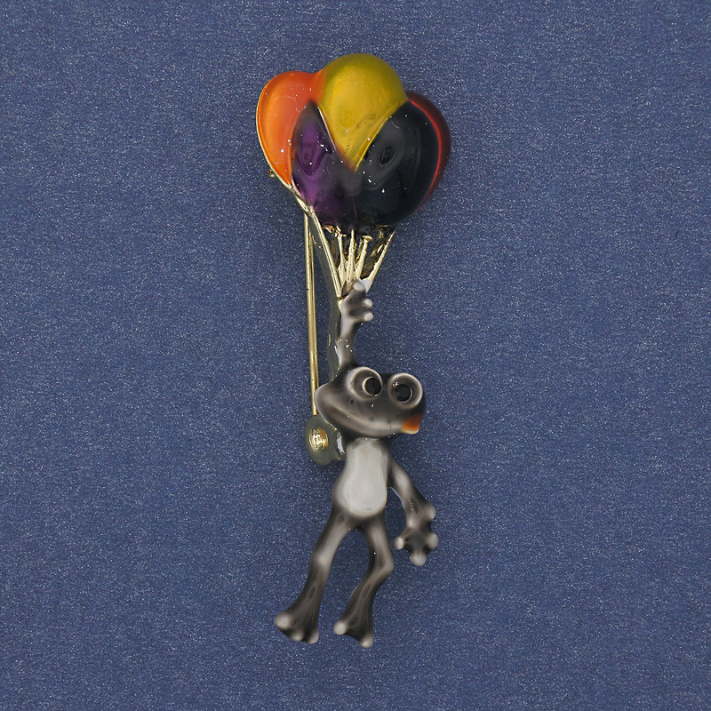 Brooch-pendant Frog with Balloons, Enamel, Golden Metal 48x17mm+